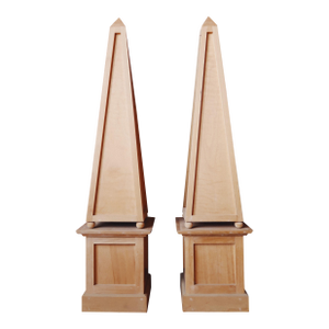 Pair of 75 Inch Wooden Obelisks on Plinth Bases, Architectural Floor Sculptures
