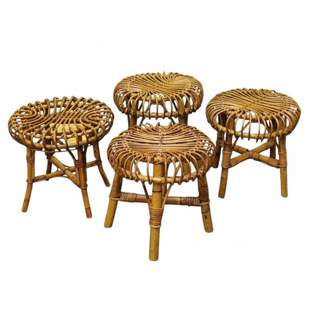 Wood Bamboo and Rattan Circular Stool attributed to Franco Albini, Italy, 1960s For Sale - Image 7 of 8