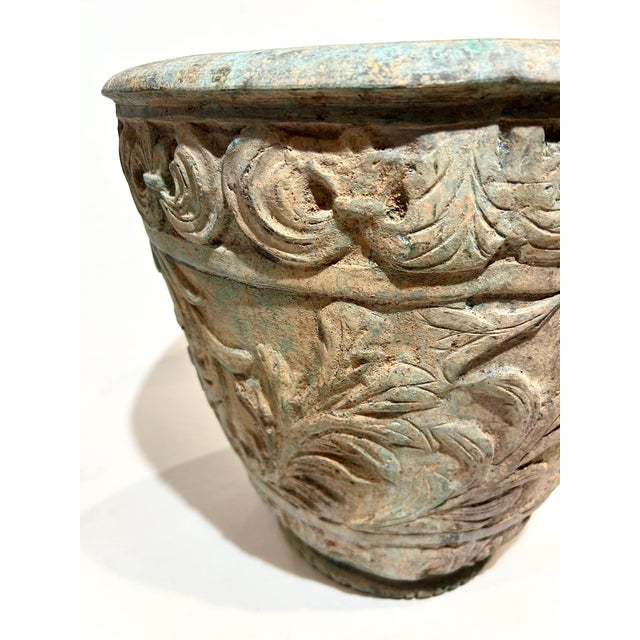 Transitional Large Vintage c.1996 Verdigris Patina Embossed Leaf Urn For Sale - Image 3 of 4