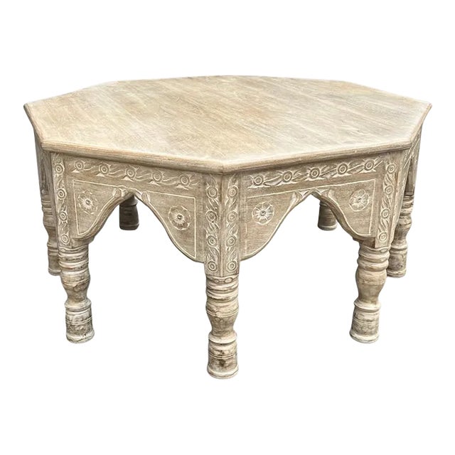 Octagonal Whitewashed Wooden Coffee Table For Sale