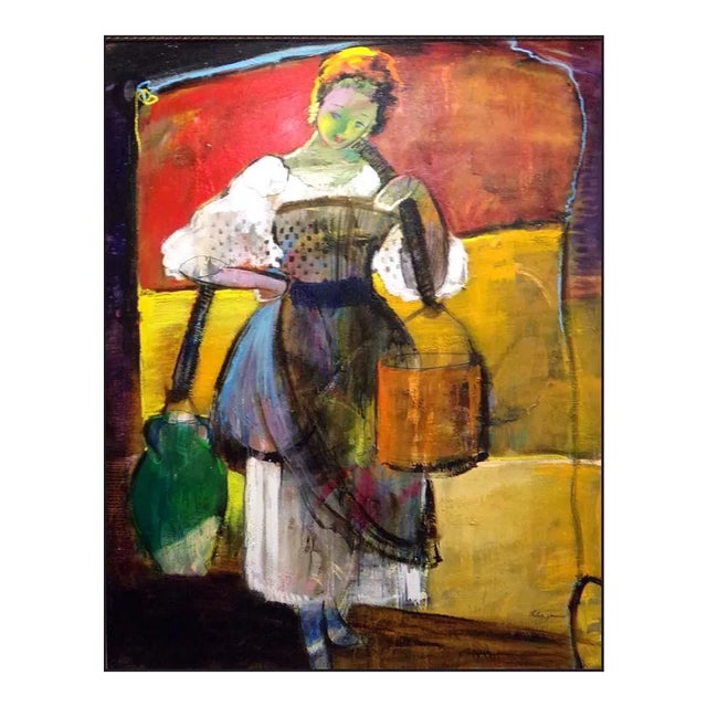 "Village" Helen Zarin Original Abstract Figurative Signed Oil Painting For Sale