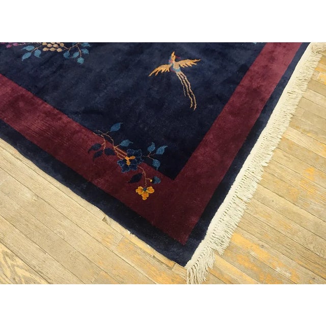 1920s Blue Navy Floral Bird Antique Chinese Art Deco Carpet 4'1" X 6'8" Knotted Wool Rug For Sale In New York - Image 6 of 11