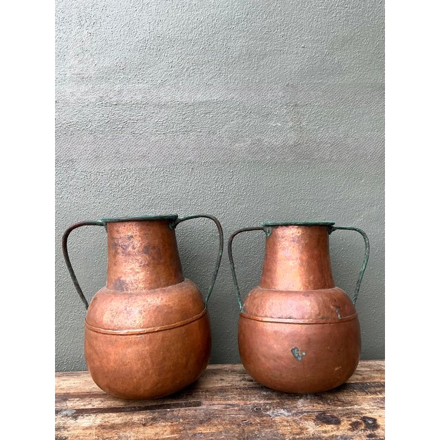 Vintage Moroccan Patinated Hammered Copper Water Jugs - A Pair For Sale In West Palm - Image 6 of 12
