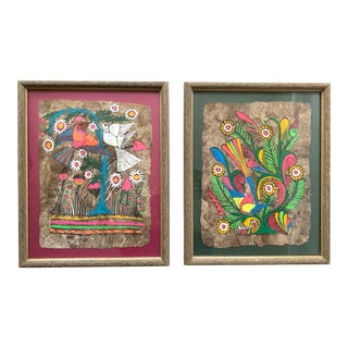Mid 20th Century Papel Amate Mexican Folk Art Bird Paintings, Framed - a Pair For Sale