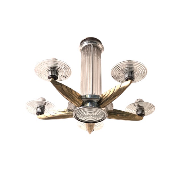 Early 20th Century Petitot Signed Bronze, Nickel, Aluminum, Glass Five Arm Skyscraper Chandelier For Sale - Image 13 of 18