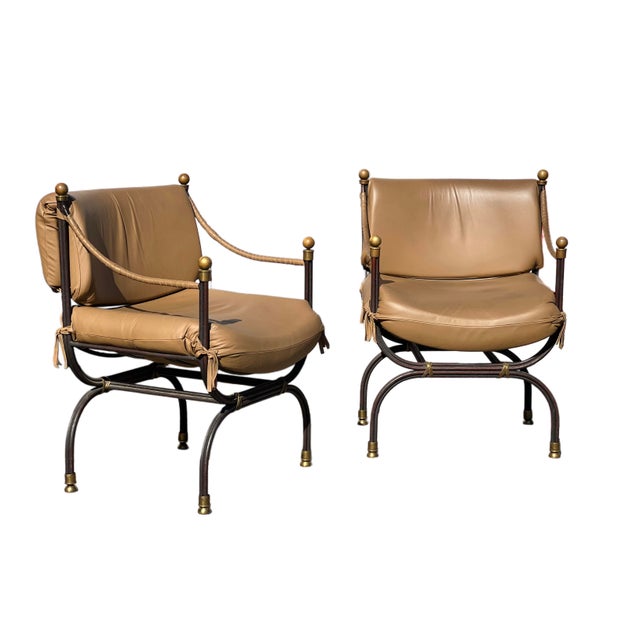 Pair of Curule Leather and Brass Campaign Armchairs Styled After Steve Chase For Sale - Image 15 of 18