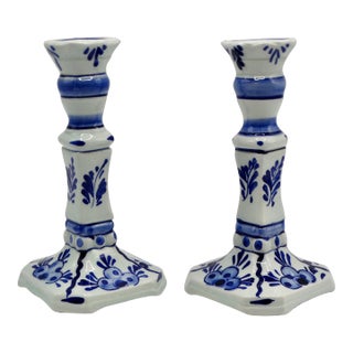 Vintage 1970s Delft Candlesticks, a Pair For Sale