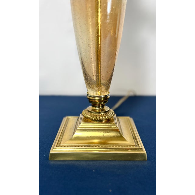 Metal 1970s Speer Hollywood Regency Amber Seeded Glass & Solid Brass Palm Leaf Lamp For Sale - Image 7 of 9