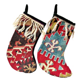 Vintage Turkish Kilim Christmas Stockings, Handwoven Wool Rug Stockings, Pair For Sale