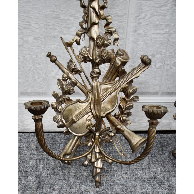 French Pair Brass Sconces Large Ornate Music Wall Violin Candle Holders 40s For Sale - Image 17 of 17