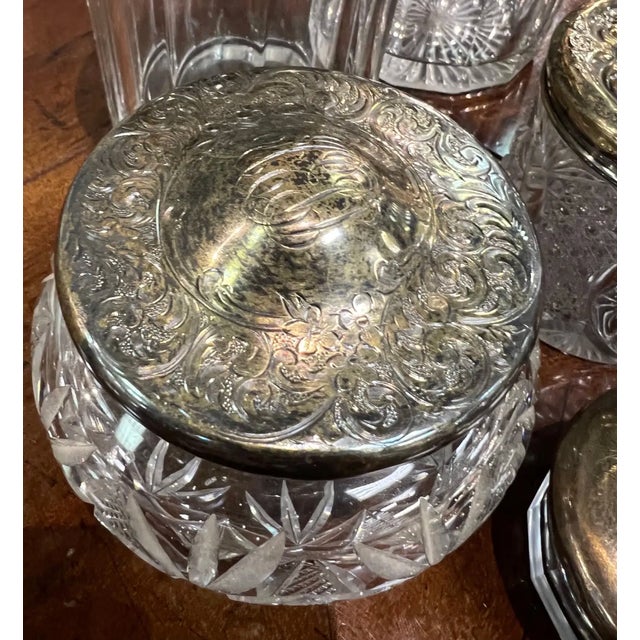 Art Nouveau 19th Century Grouping of 8 Cut Glass Jars With Sterling and Brass Lids For Sale - Image 3 of 13
