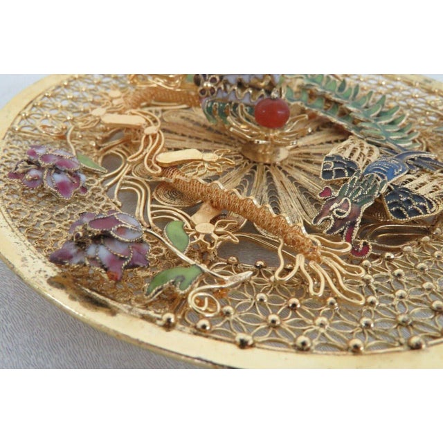 Chinese Gold Filigree Gilt Enamel Dragon Phoenix 3d Decorative Plate For Sale - Image 4 of 12