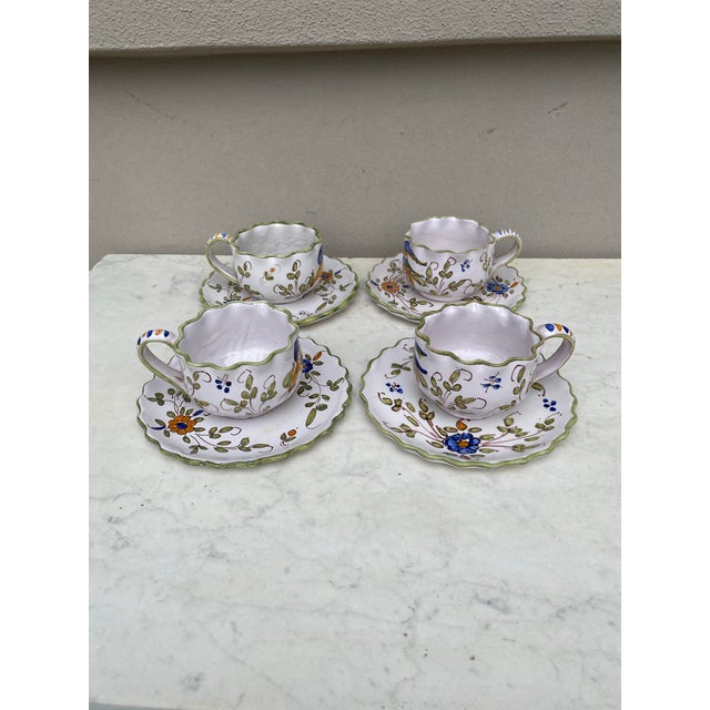 French Country 1920s French Faience Cups & Saucers - Set of Four For Sale - Image 3 of 7