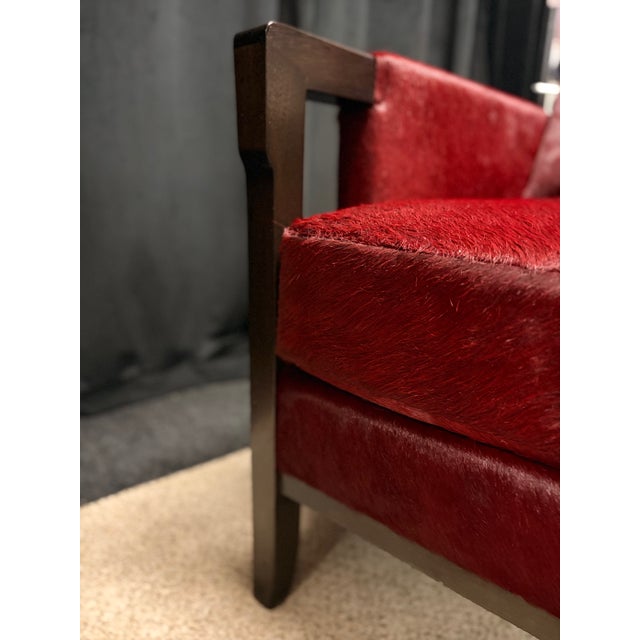 Authentic Holly Hunt Vienna Secession Lounge Chair, Custom Upholstered in Rich Burgundy/Cabernet Mohair and American Black Walnut Exposed Frame For Sale - Image 14 of 17