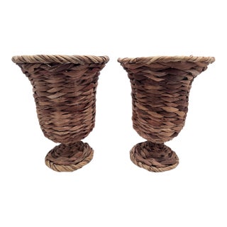 Vintage Pair Woven Wicker Urn Style Pedestal Vases For Sale