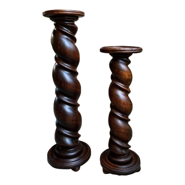 Pair Set of 2 Antique French Pedestal Stand Barley Twist Oak Large Plant Columns For Sale