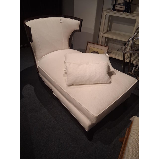 Baker Furniture Company Baker Furniture Ivory Upholstered Chaise Lounge With Dark Wood Frame For Sale - Image 4 of 6