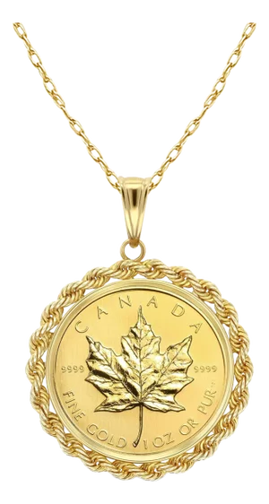 1OZ Canadian Maple Leaf Coin Necklace with 4MM Rope Halo 14k Yellow Gold 16"