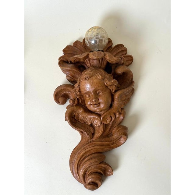 European Alpine Baroque Style Hand-Carved Cherub Wall Sconces in Spruce, 1970, Set of 2 For Sale - Image 6 of 18