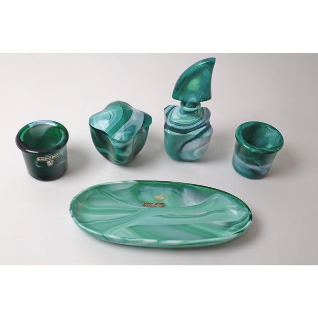 1950s Green White Mouth-Blown Glass Dressing Table Set, 1950s, Set of 5 For Sale - Image 5 of 16