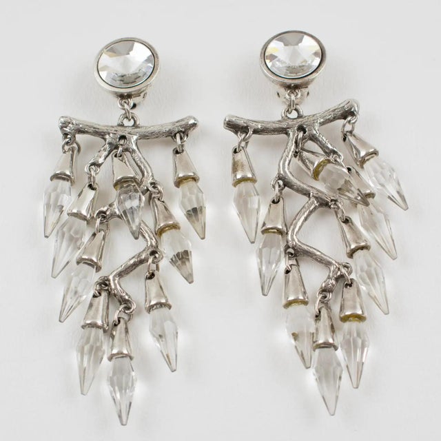 Contemporary Faceted Crystal Drops Chandelier Silver Plate Clip Earrings For Sale - Image 3 of 8