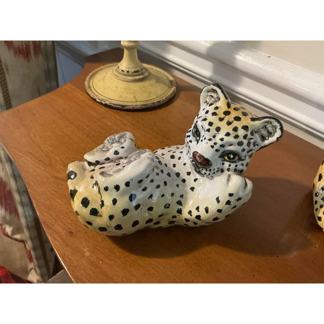 Ceramic Hollywood Regency Italian Terracotta Majolica Leopard Cubs Jungle Cat -S/2 For Sale - Image 7 of 7