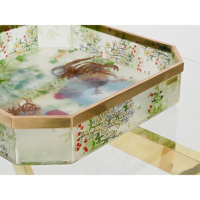 Octagonal Floral Acrylic Glass and Brass Serving Tray by Alberto Sordi, Italy, 1970s For Sale - Image 6 of 14