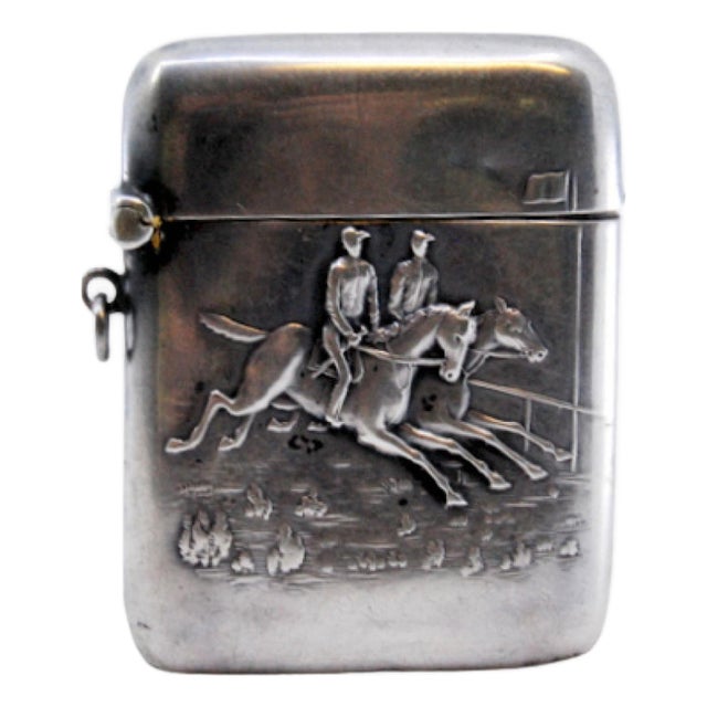 Art Nouveau Silver Embossed Matchbox with Equestrian Scene and Hinged Lid For Sale