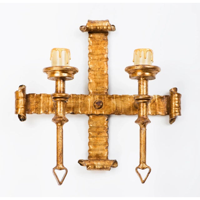 1950s Spanish Gilt Metal 2-Light Wall Sconce For Sale - Image 9 of 9