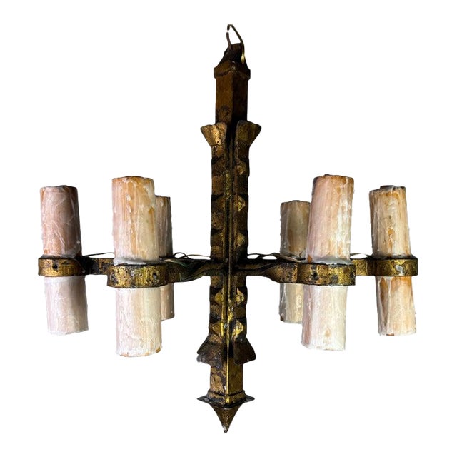 1930s Spanish Hand-Forged Iron Chandelier, Rustic Style, Six Lights For Sale