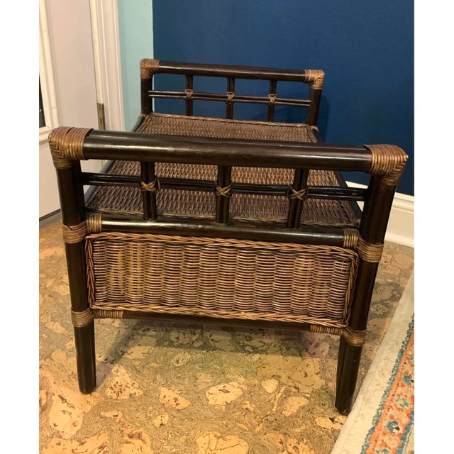 Campaign Vintage Rattan and Wicker Ottoman With Cushion For Sale - Image 3 of 7