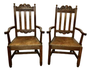 Set of Arts and Crafts Carved Oak Carver Chairs