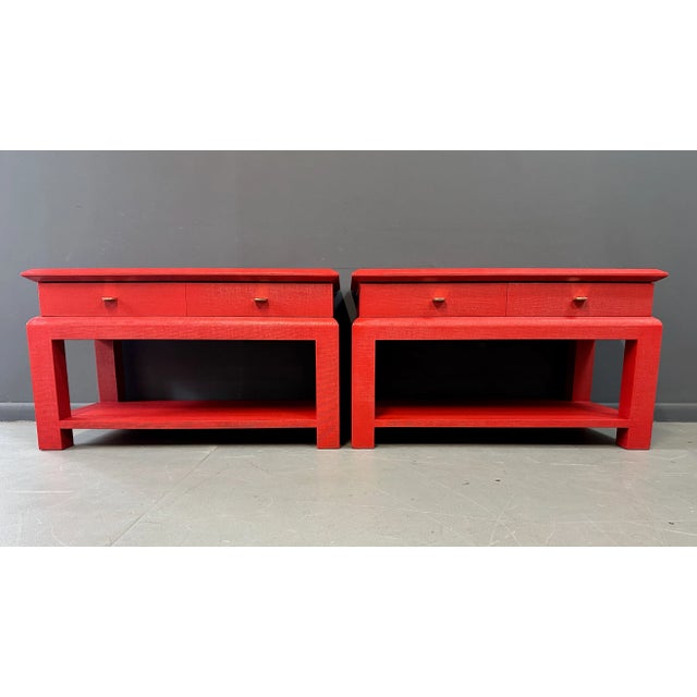 Rowdy in Red!! These wonderful end/side tables raffia wrapped and lacquered in a extraordinary Chinese red, these tables...