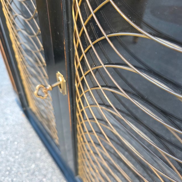 Late 20th Century Pair of Baker Furniture Neoclassical Black Lacquer and Gilt Cabinets With Decorative Wire-Mesh Grille Doors For Sale - Image 16 of 17