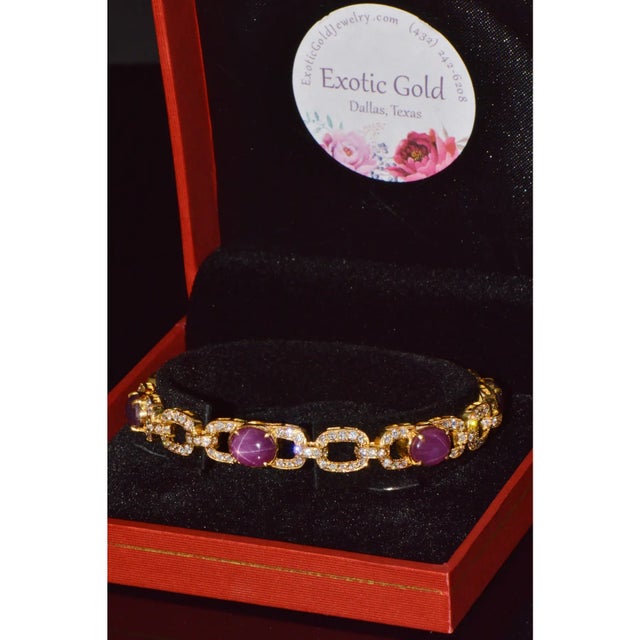 Gia Natural 25.14Cts vs F Diamond Unheated Star Ruby Solid 18k Gold Stacking Tennis Bracelet For Sale - Image 10 of 11