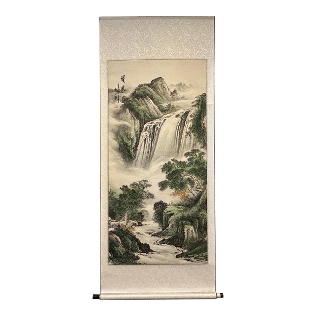 Chinese Oriental Ink Brush Water Mountain Scenery Scroll Painting For Sale