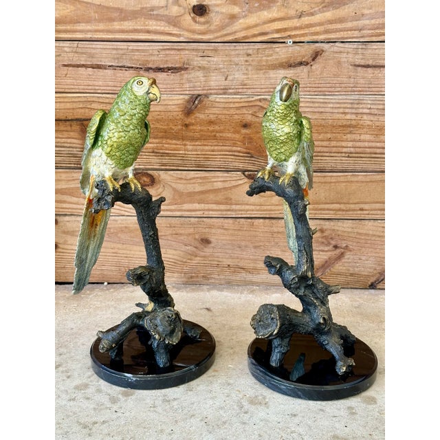 Late 20th Century Coastal Tropical Bronze Hand Painted Parrot Statues on Marble Bases-Pair For Sale - Image 12 of 12