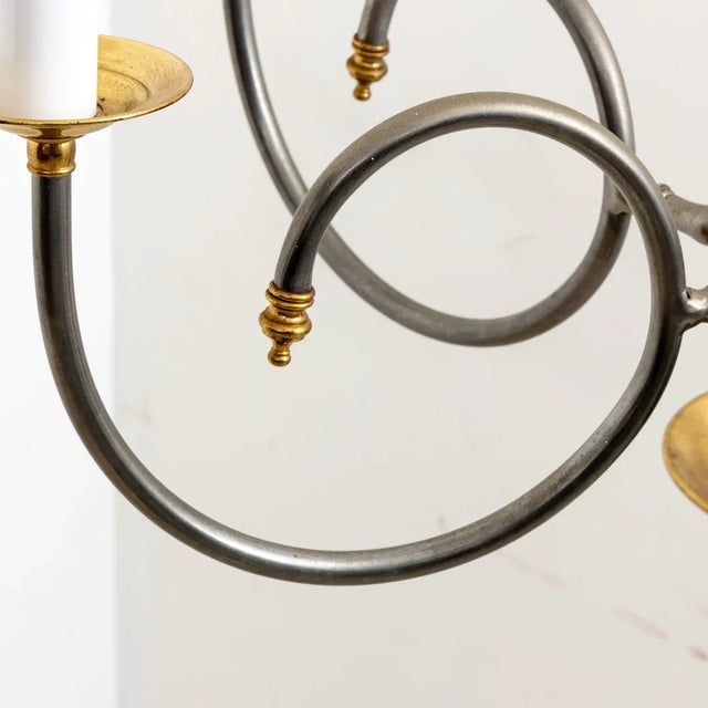 Large Two Tone Polished steel and brass Six Arm Chandelier. Wired and Ready to use