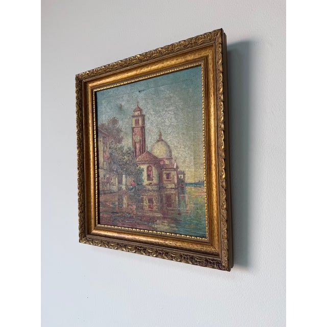 Mid-Century Modern 1950’s Vintage B. Hensel Impressionist European Canal Landscape Oil Painting, Wood Frame For Sale - Image 3 of 12