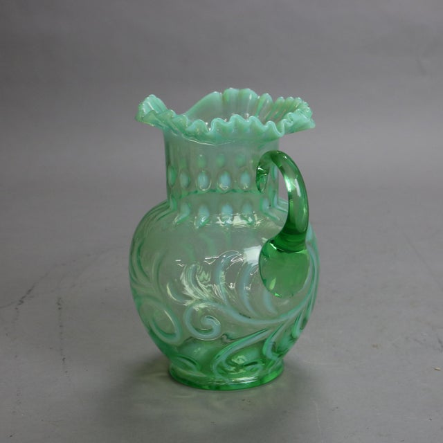 Early 20th Century Antique Victorian Green & Opalescent Glass Pitcher with Ruffled Rim, Circa 1900 For Sale - Image 5 of 5