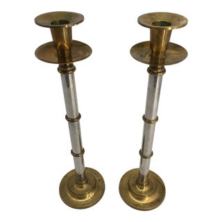 1980s Maitland Smith Brass & Chrome Bamboo Candlesticks- a Pair For Sale