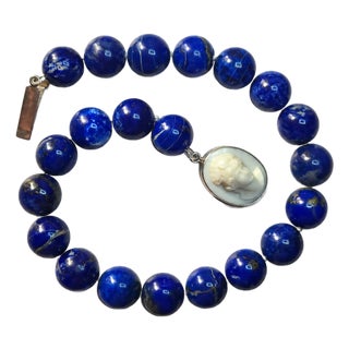 Royal Lapis Lazuli Necklace With Vintage Porcelain Cameo Clasp, 18-Inches For Sale