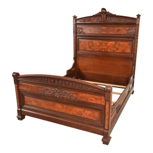 Bernheimer Collection Antique Eastlake Victorian Carved Walnut and Burl Wood Queen Size Bed, Circa 1880s