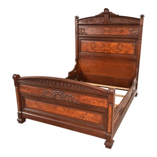 Herter Brothers Style Antique Eastlake Victorian Carved Walnut and Burl Wood Queen Size Bed, Circa 1880s For Sale