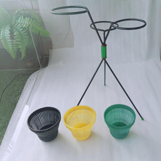 Metal Vintage Tripod Plant Stand with Three Lotusouple Planters, 1960s For Sale - Image 7 of 18