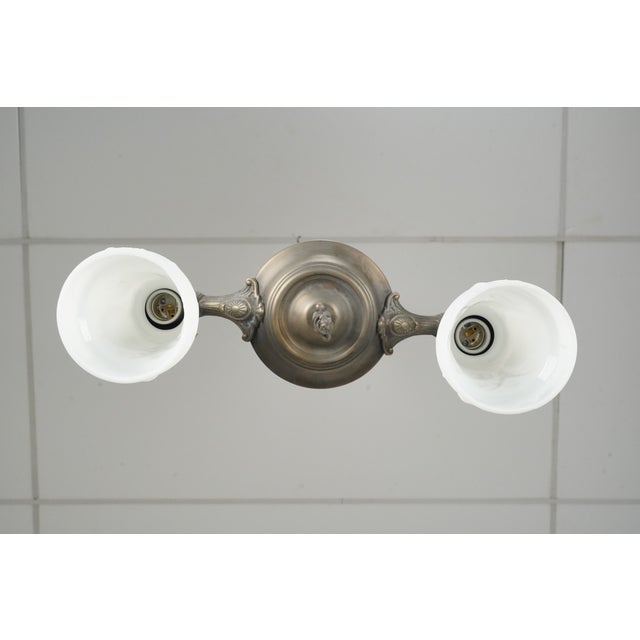 Mid 20th Century Restored Victorian Two Light Brass Pan Pendant Light For Sale - Image 12 of 16