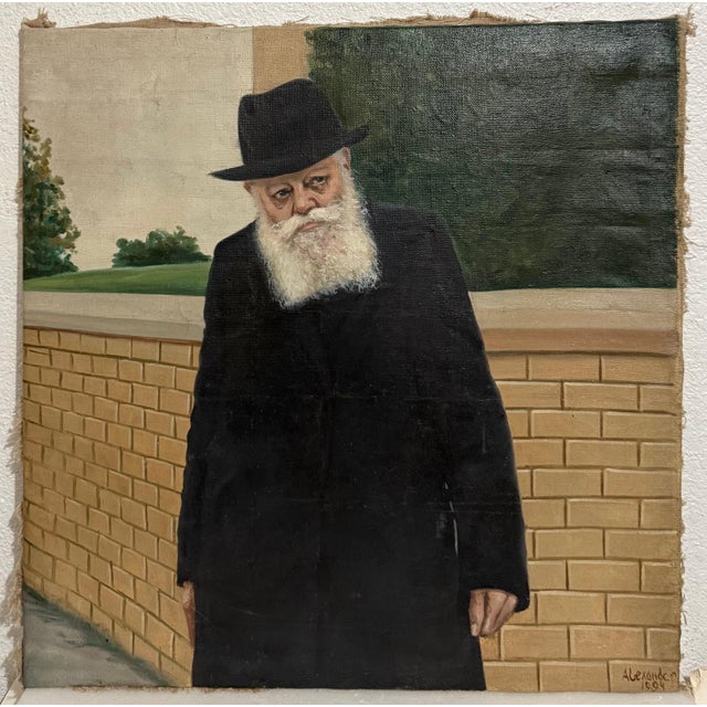 Black Large Judaica Original Oil Rabbi Painting Lubavitcher Rebbe 770 Chabad, New York, 1994 For Sale - Image 8 of 9