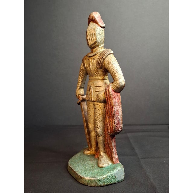 Antique Cast Iron Knight in Armor Doorstop Gold Red Paint 9" Figural Sentry For Sale In Boston - Image 6 of 14