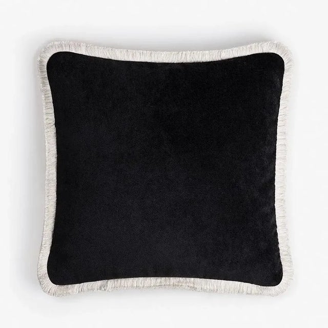 Contemporary Happy Pillow Soft Velvet Cushion with Black and White Fringes by Lorenza Briola for Lo Decor For Sale - Image 3 of 3
