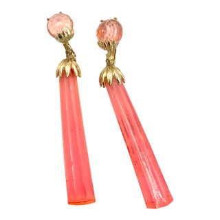 1940s Signed Marcel Boucher Pink and Gold Pendent Clip Earrings - 2 Pieces For Sale